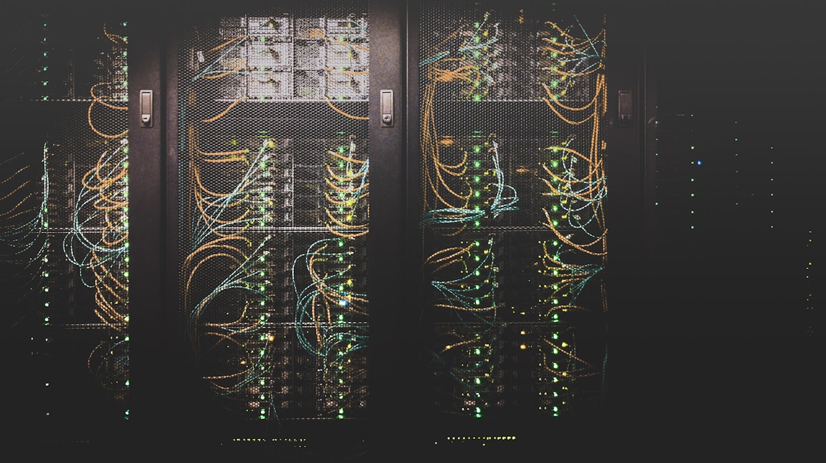 Server room with networking cables and infrastructure racks